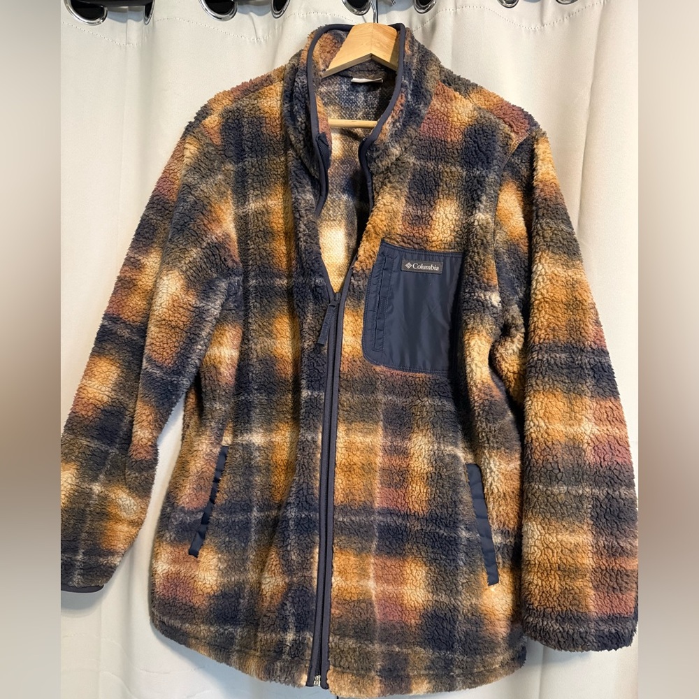 Columbia Plaid Sherpa Jacket - Navy, Tan & Rust
